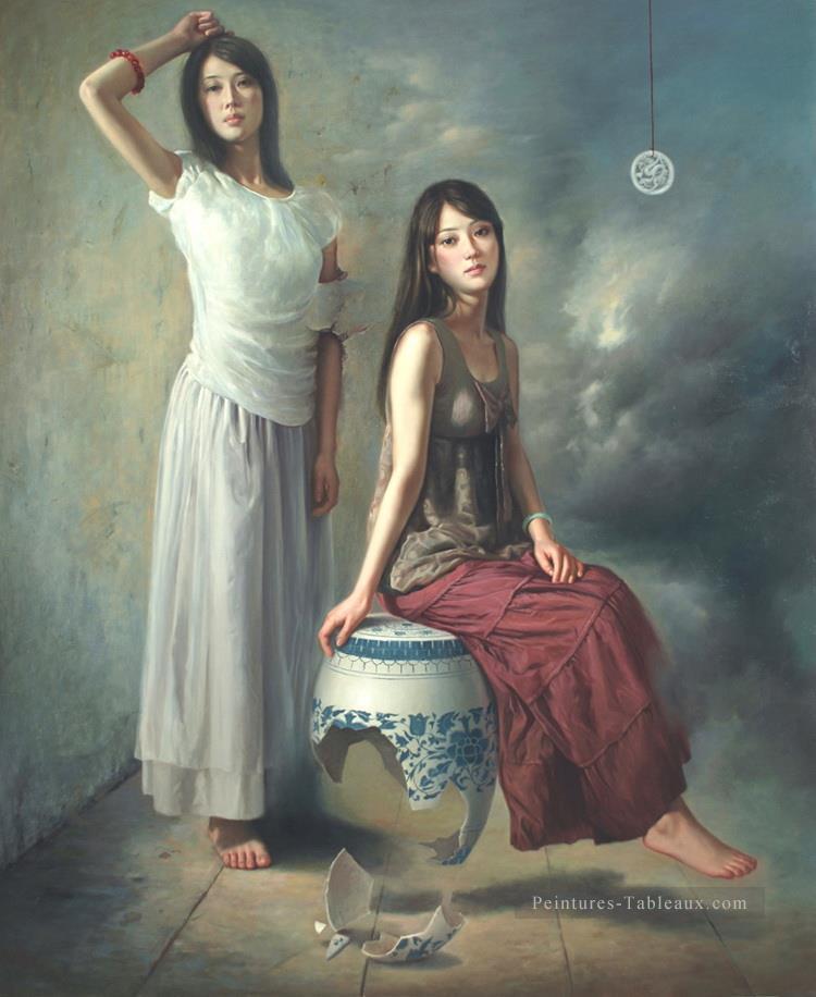 bleu et blanc 2 fille chinoise Peintures à l'huile